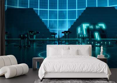 Futuristic cyber city in blue neon lights. Wet black road. Wallpaper in a style of cyberpunk. City of a future. Cyber industrial cityscape. 3D illustration. Wall mural