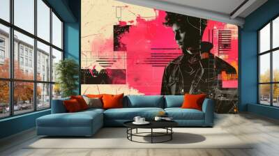 Grunge noise Creative Mixed media collage retro futuristic poster with 80s and 90s cyberpunk aesthetic. Creative vintage backdrop, grunge graphic design style. Wall mural