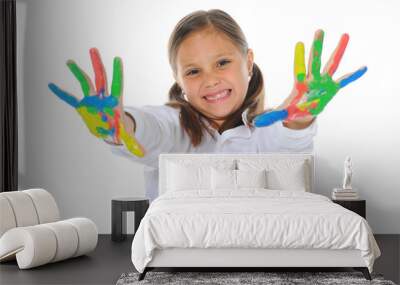 smiling girl with the palms painted by a paint. Wall mural