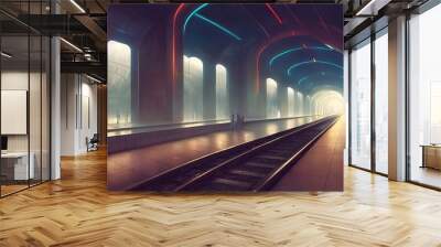 Light and clean futuristic subway station with glowing neon lights. City of a future. Huge brightly lit space. Beautiful futuristic concept. 3D illustration. Wall mural