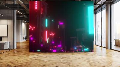 Metaverse Night city lights. Neon urban future. Futuristic city in a cyberpunk style. Photorealistic 3D illustration. Futuristic skyscrapers with huge luminous billboards.	 Wall mural