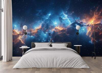 Nebula, outer space, stars, gas clouds. Beautiful blue space background. Sci-fi cosmic wallpaper. Wall mural