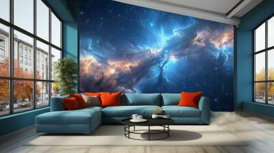 Nebula, outer space, stars, gas clouds. Beautiful blue space background. Sci-fi cosmic wallpaper. Wall mural