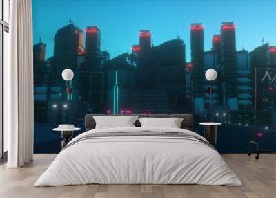 Neon urban future. Futuristic city against blue sunset sky. Wallpaper in a cyberpunk style. Industrial landscape with bright neon lights and huge futuristic buildings. 3D illustration. Wall mural