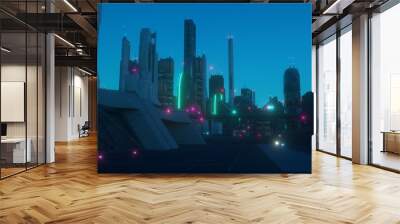 Neon urban future. Futuristic city against blue sunset sky. Wallpaper in a cyberpunk style. Industrial landscape with bright neon lights and huge futuristic buildings. 3D illustration. Wall mural