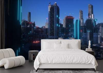 Neon urban future. Panorama of a futuristic city. Wallpaper in a cyberpunk style. 3D illustration. Huge futuristic skyscrapers glowing with neon light against the background of the blue evening sky. Wall mural