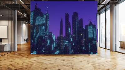 Neon urban future. Panorama of a futuristic city. Wallpaper in a cyberpunk style. 3D illustration. Huge futuristic skyscrapers glowing with neon light against the background of the purple night sky. Wall mural