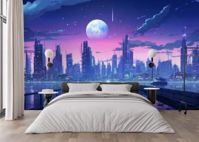 Pixel Cyberpunk neon city night. Futuristic city scene in a style of pixel art. 80's wallpaper. Retro future backdrop. Urban scene. Wall mural