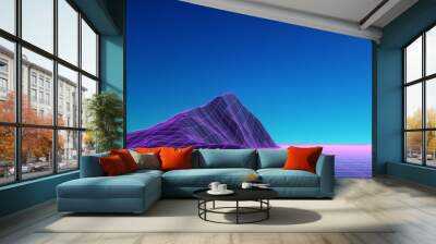 Purple neon wireframe landscape against beautiful blue sky. Cyberpunk scene. Cyberspace concept. Glowing triangular surface. Futuristic wallpaper in style of 80's. Synthwave stylization. Wall mural