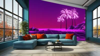 Purple neon wireframe landscape with palm trees against violet sunset sky. Cyberpunk scene. Cyberspace art. Futuristic wallpaper in style of 80's. Synthwave stylization. 3d illustration. Wall mural