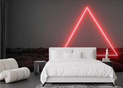 Red neon triangle on an alien planet. Wallpaper in a cyberpunk style. Fantastic landscape. Strange surface against dark grey sky. 3D illustration. Synthwave stylization. Wall mural