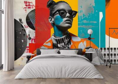 Retro futuristic poster with 80s and 90s high fashion aesthetic. Grunge noise Creative Mixed media collage. Stylish vintage backdrop, grunge graphic design style. Wall mural