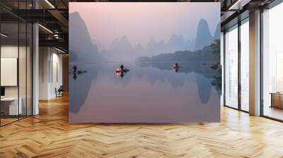 the li river, xingping, china, scenic landscape. cormorant fishermans on the ancient bamboo boats wi Wall mural