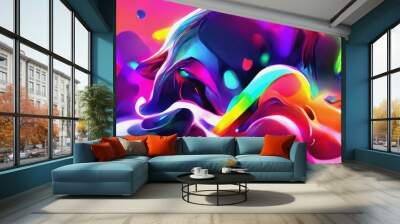 Vibrant banner template. Neon colors. Creative futuristic design. Fluid dynamic backdrop. Liquid shapes. Abstract graphic poster. Wavy background. 3D illustration. Wall mural