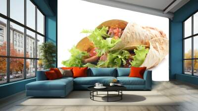 Mexican burrito with chicken and vegetables on a white background Wall mural