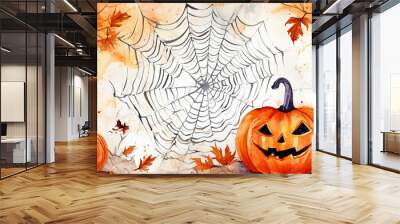 Abstract Watercolor Background for Halloween with Jack O Lantern and Spider Web, Spooky and Artistic Wall mural