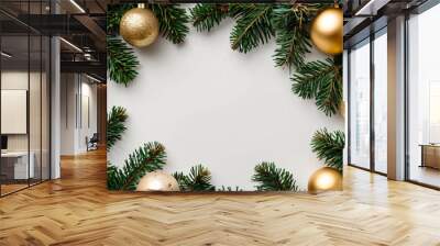 Christmas Background with Frame of Fir Branches, Golden New Year Decorations, and Pine Cones on White Wall mural