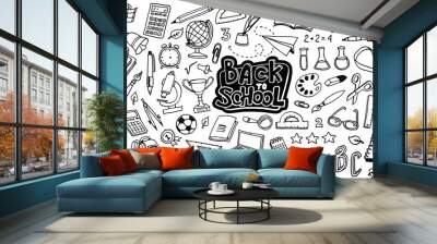 Back to School with hand drawn school supplies - big set. Doodle lettering and school object collection. Sketch icon. Kids style ink background. Education Concept. Vector illustration. Wall mural