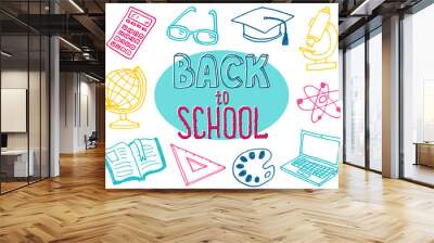 Back to School with hand drawn school supplies. Doodle lettering and school object collection. Sketch icon set. Kids style ink background. Education Concept. Vector illustration. Wall mural