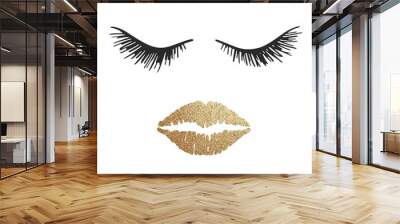 Eyelashes and lips. Beauty woman face with gold shiny lips. Luxury Make up concept. Design for Beauty Logo, icon for salon, poster, pillow, typography. Vector illustration Wall mural