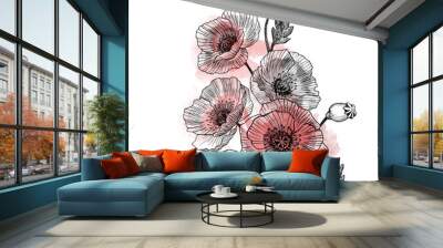 California poppy flowers drawn and sketch with line-art on white backgrounds. Watercolor design Wall mural