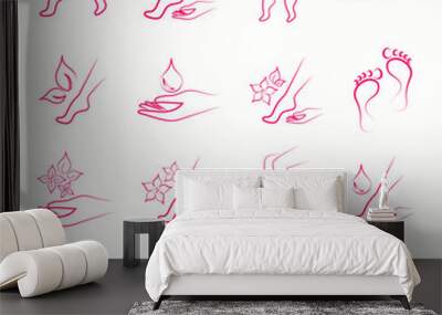 body skin spa beauty foot leg hand care beauty massage salon thin line vector pink icons set  Wall mural