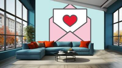 valentine day card envelope color line flat icon on blue backgro Wall mural