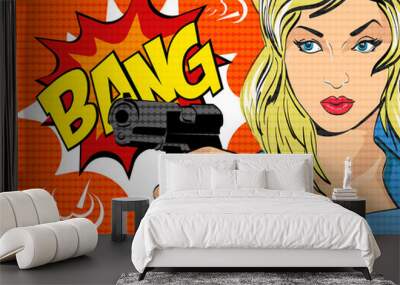 Pop art style vector illustration.  Woman with gun. Wall mural