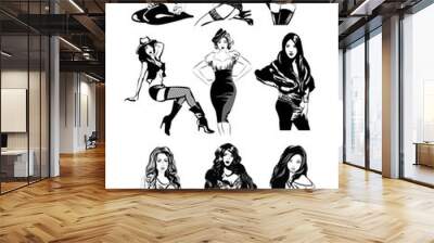 Sketch pen, sexy beautiful girls in different poses. Vector illustration Wall mural