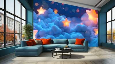 3d bright yellow glowing stars decoration on blue clouds background Wall mural