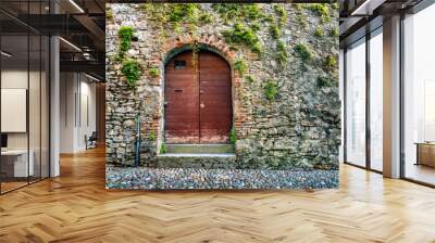 Street view with wooden outdoor door on medieval stone wall in Bergamo. Lombardy, Italy Wall mural