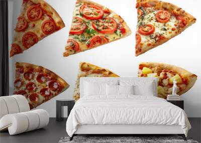 Collection set of different types of pizza slices icons isolated on white background. Cute photo realistic six food stickers Wall mural