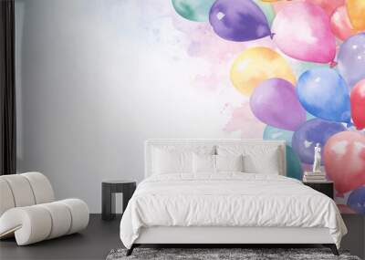 Colourful watercolour baloons on white background. AI generated Wall mural