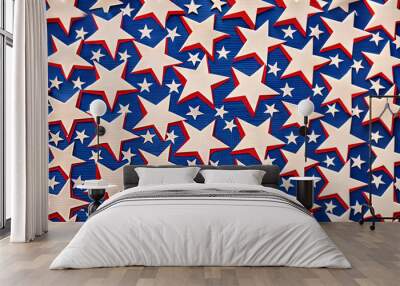 Decorative layered stars in red and white on a blue fabric background with copy space Wall mural