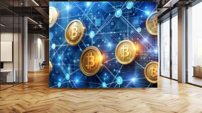 Digital cryptocurrency network with golden Bitcoin coins on a futuristic background Wall mural