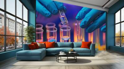 Human hand in glove holding flask bottle in modern labaratory, close-up photo Wall mural