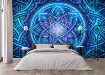 Intricate blue glowing mandala design with geometric patterns and spinning motion Wall mural