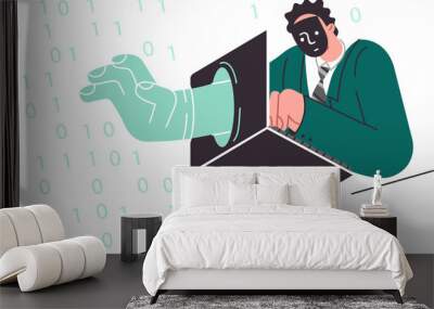 Man hacker in mask penetrates protected space by sticking hand through laptop and stealing confidential data. Anonymous hacker commits cyber crimes to gain access to competitors business secrets Wall mural