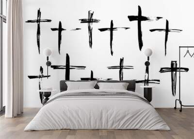 Set of hand drawn grunge christian cross. Religion symbol vector illustration. Wall mural