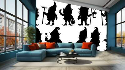 Silhouette fantastic gnome in the garden and in search of treasure. Laser cutting poses fairytale dwarf elf. Isolated vector illustration on white background. Wall mural