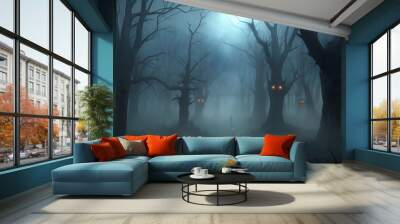 Spooky forest with mysterious trees and glowing eyes during the night Wall mural