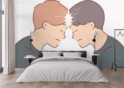 Two men brainstorm together and touch foreheads to create telepathic connection. Guys practice telepathic telekinesis, developing supernatural abilities from science fiction films. Wall mural