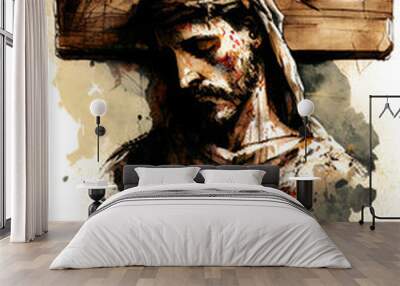 Watercolor hand drawn sketch of Jesus. AI generated assisted finalized in Photoshop by me. Fictional character. Wall mural