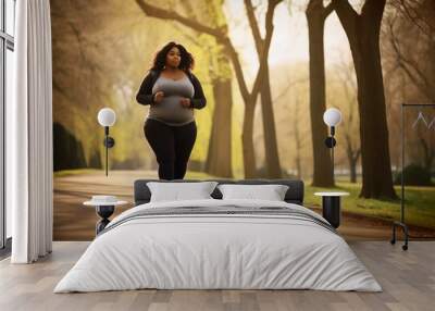 Beautiful overweight african american woman running outdoors in park. Fat lady jogging, Plus size fitness lifestyle. Weight Loss, Full length Shot Wall mural