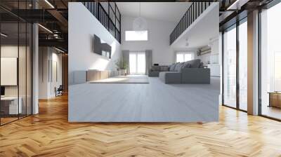 interior of a modern two-level apartment in the scandinavian style. spacious living room combined wi Wall mural