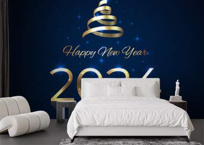 2024, 24 Happy New Year. Shiny golden 2024 with Christmas tree. New Year design for invitation, greeting card, calendar. Shiny gold logo, ribbon. Holiday greeting card. Party event decoration, vector Wall mural