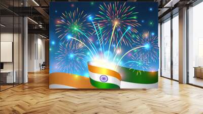 August 15, india independence day, vector template with indian flag and colorful fireworks on blue night sky background. India national holiday august 15. Independence day card Wall mural