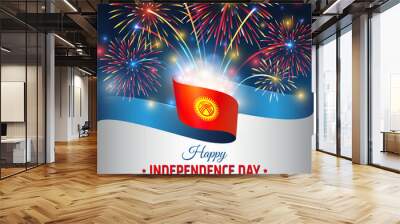 August 31, kyrgyzstan independence day, vector template with kyrgyz flag and colorful fireworks on blue night sky background. Kyrgyzstan national holiday august 31st. Independence day card Wall mural