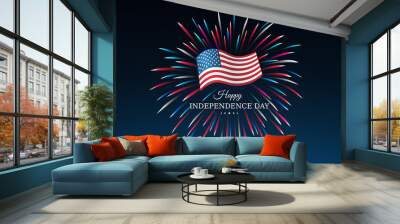 Banner 4th of july usa independence day, template with american flag on sky background and colorful fireworks. Fourth of july, USA national holiday. Vector illustration, poster Wall mural