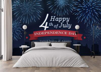 Banner 4th of july usa independence day, vintage template with fireworks on starry sky and cityscape background. Fourth of july, USA national holiday. Vector illustration, retro poster Wall mural